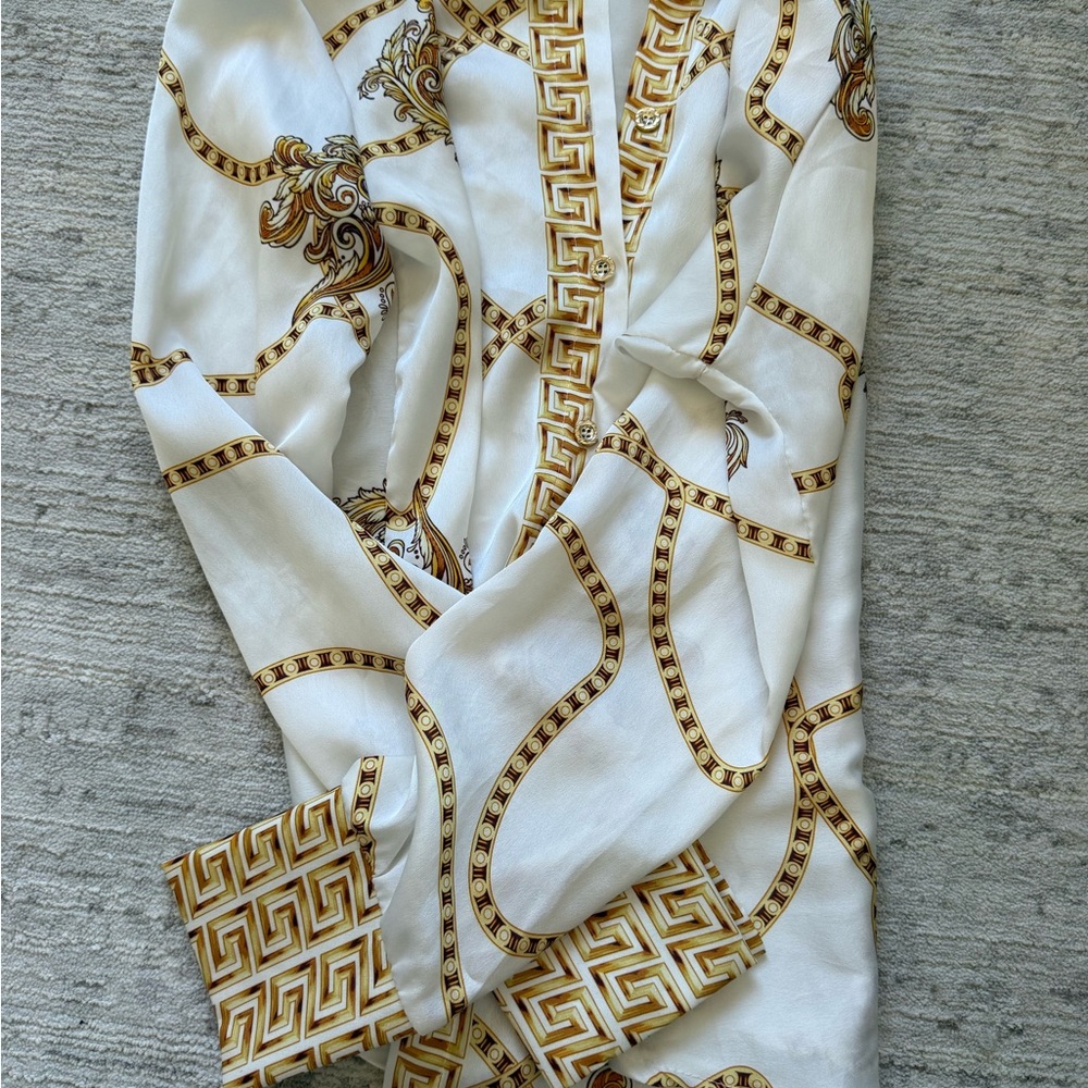 Woven Chain-Print Button-Down Shirt - White/Gold - Picture 7 of 7